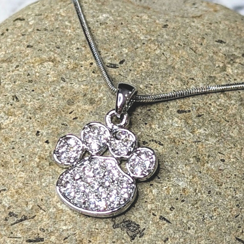 Dog Paw Print Necklace White Gold Plated Pendant with Crystals